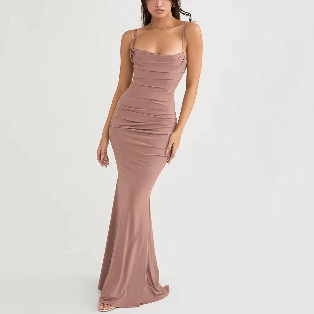 Fishbone Bodycon Sexy Backless Draped Evening Night Party Dresses Women Almond Corset Maxi Dress Elegant Dresses
