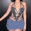Women Floral Print Sheer Halter Tops V-Neck Backless Trendy Shirts Streetwear Aesthetic Grunge Clothes