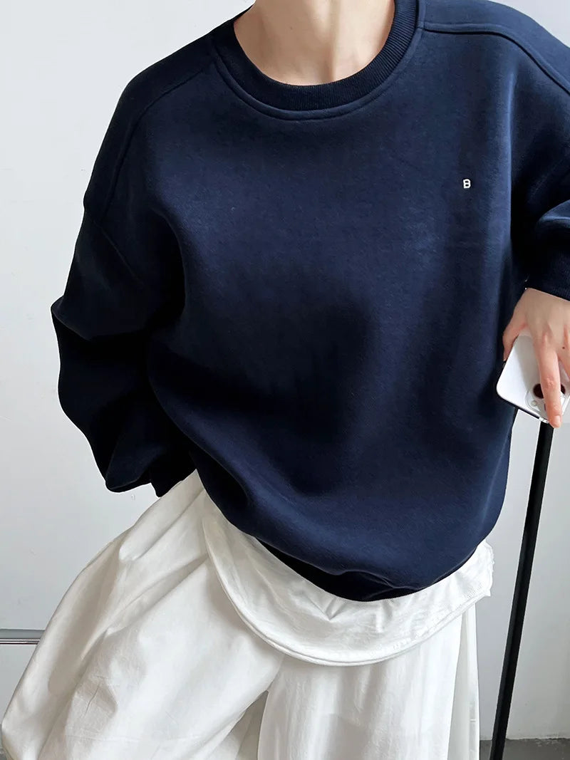 Autumn New Casual Loose Solid Hoodie Women's Embroidered Long Sleeve Top With Velvet