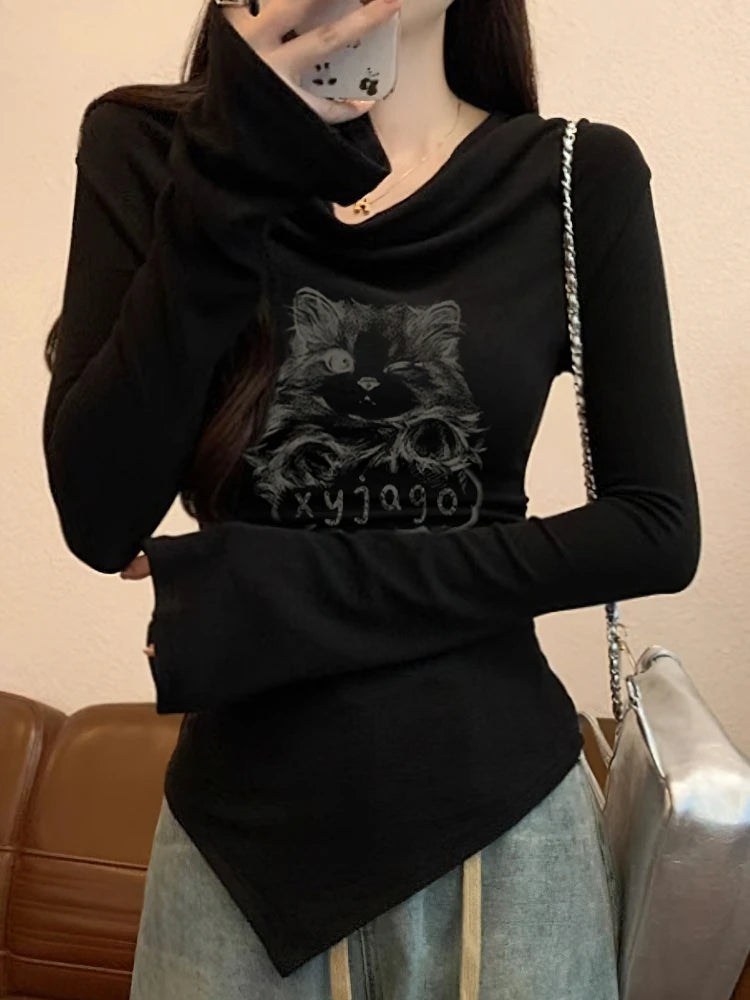 Y2k Cat Long sleeve T-shirt Women Luxury Korean Graphic Off shoulder Top Casual Lady Basic Tees Slim Sexy