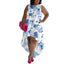 Trendy plus size high-low dress with a retro newspaper print design, bringing a fashionable, vintage vibe.
