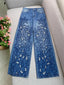 Summer Women Jeans Floral Embroidery Straight Trousers Designer Streetwear Casual Hollow Out Vintage High Waist Denim Long Pants