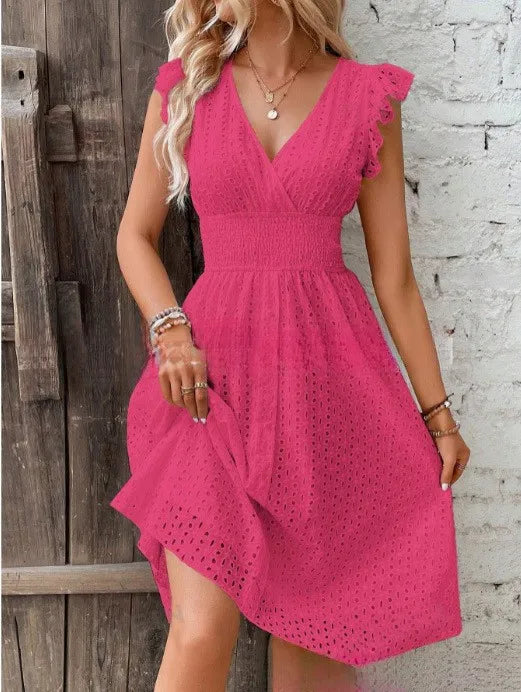 Summer Women V-Neck Beach Dress Flare Sleeve Solid Color Hollow Lace Waist Dress Casual Beach Holiday Dresses