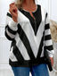 Plus Size Women's V-Neck Geometric Striped Long Sleeve Top with Zipper Detail for Chic and Modern Style
