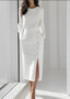Women's Solid Color Long Sleeves Elegant Midi Dress with Button Details and Side Slit - Crew Neck