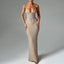 Fashion Solid V Neck Slim Fit Knit Maxi Dress Elegant Hollow Out Lace Up Backless Gown New Lady Summer Vacation Beach Vestidos