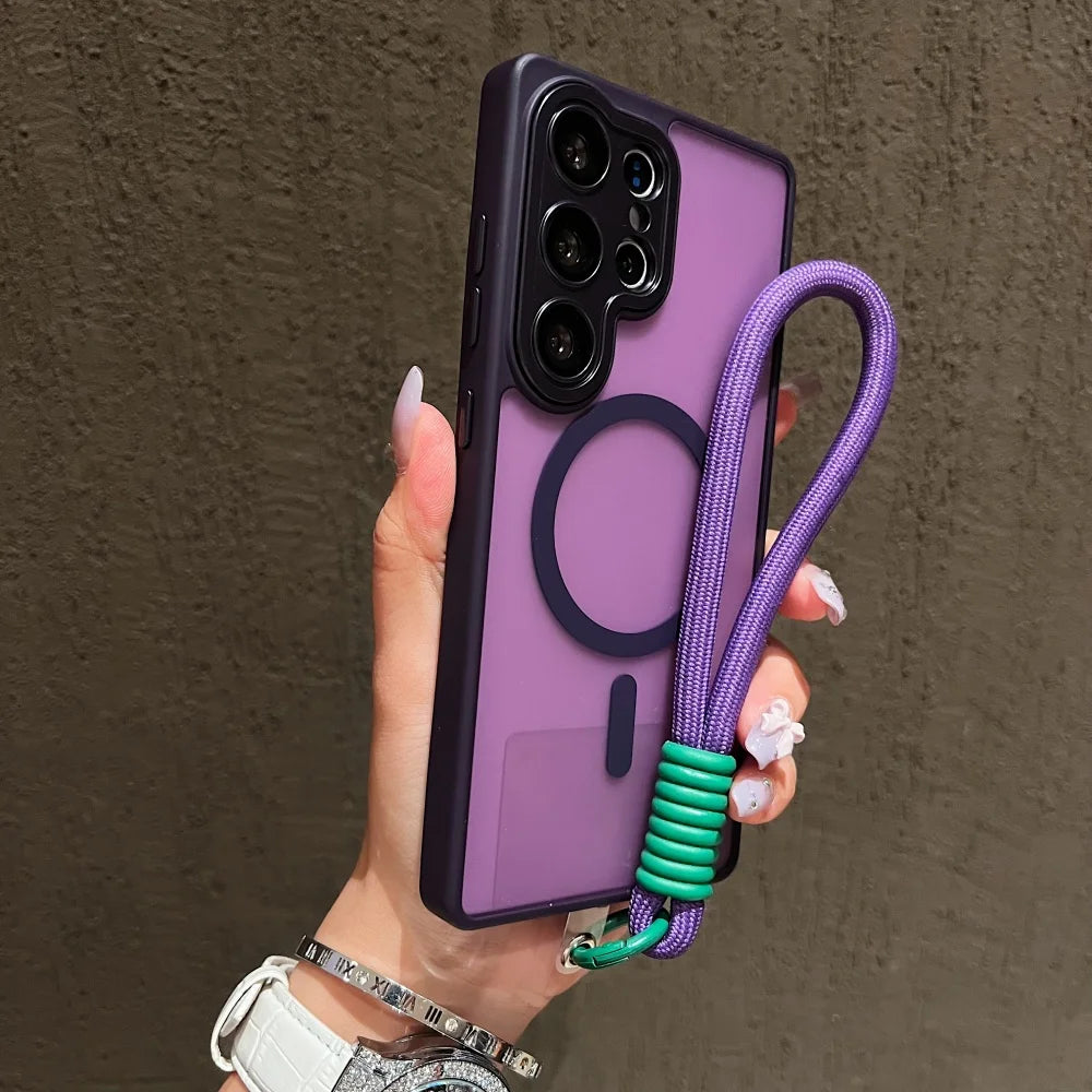 Wrist Strap Cord Magnetic Matte Translucent Armor Case For Samsung S25 Ultra S24 FE S23 Plus For Magsafe Wireless Charge Cover