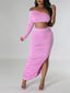 Women's one shoulder sleeve sexy short top patchwork tight pleated irregular long skirt two-piece set