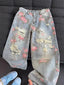 Vintage Cute High Waisted Straight Leg Jeans Casual Y2K Flower Printed Fringe Ripped Streetwear Denim Pants