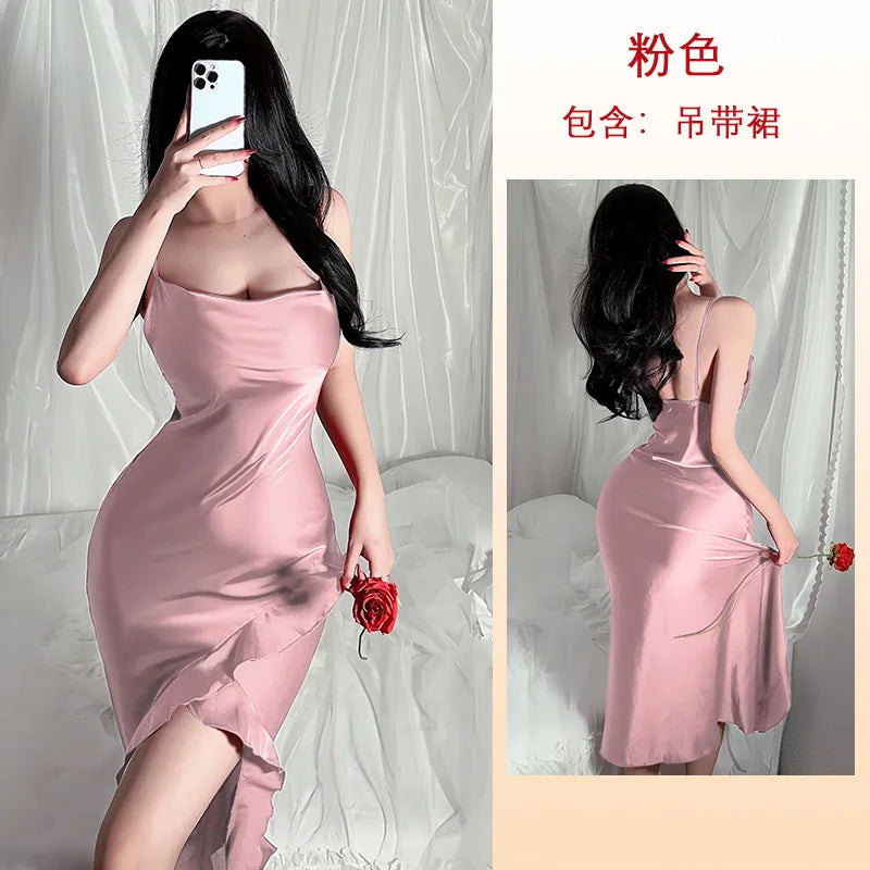 Red New Sling Sexy And Charming Ruffle Edge Bottom Split Smooth Surface Sleeveless Appear Thin Temperament Girl Long Dress 👗