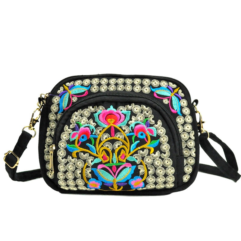 Vibrant Floral Embroidered Crossbody Bag for Women - Lightweight, Double-Sided Design with Detachable Strap, Zipper Closure, and Phone Pocket - Perfect for Casual Outings, Travel Accessory | Vibrant Pattern Bag | Coin Purse Main image