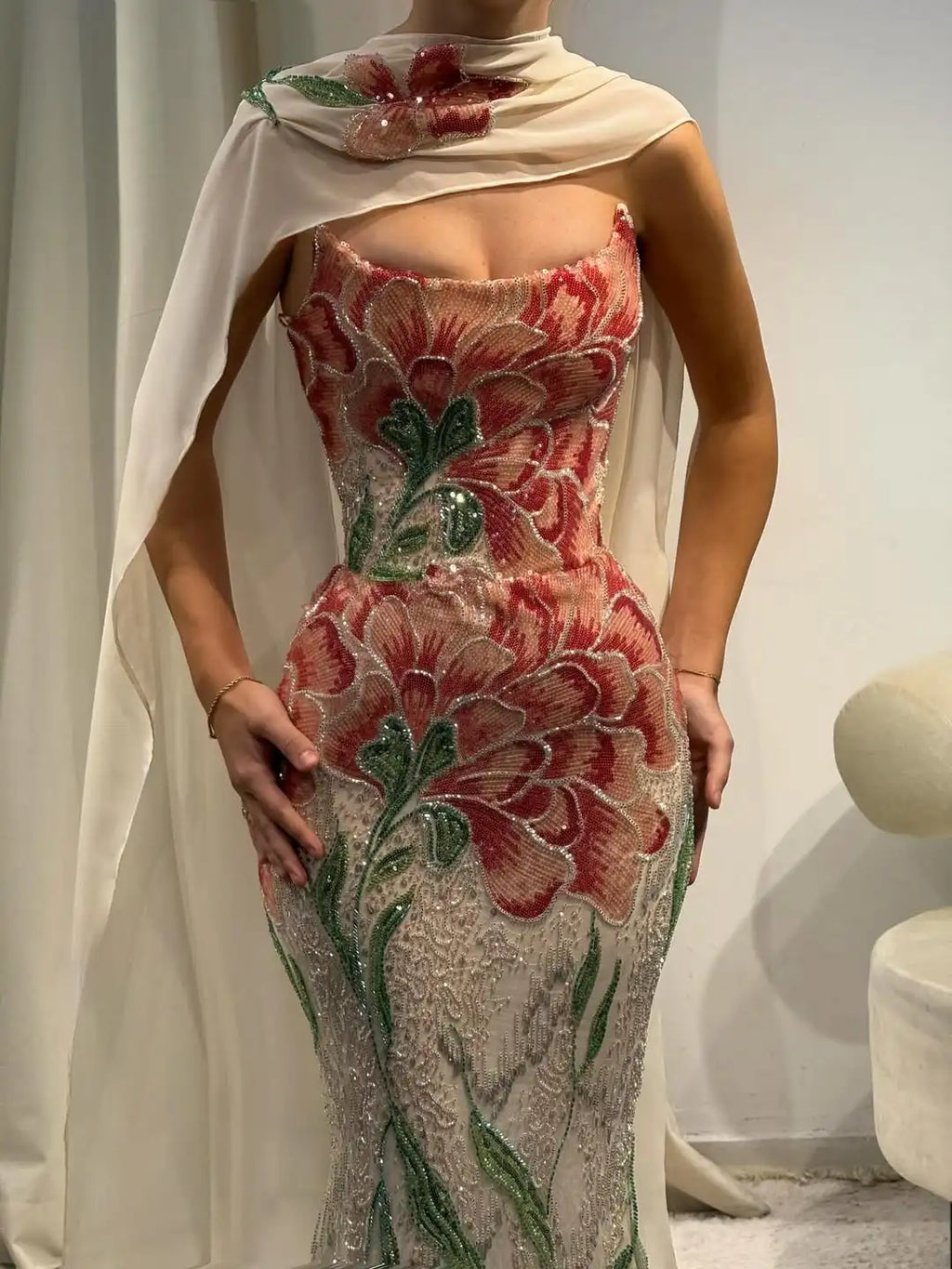 Ofherown Luxury Embroidered Floral Sequin Mermaid Evening Gown Women Strapless Formal Prom Party Dress with Detachable Shawl