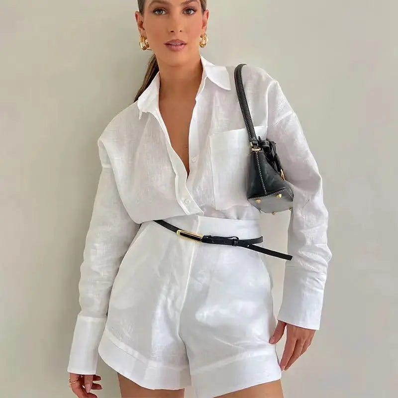 Women Long Sleeve 2 Pieces Sets Casual Simple Button Pockets Short Pant with Shirts Tops 2026 Summer Fashion Suit Female Outfits