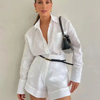 Women Long Sleeve 2 Pieces Sets Casual Simple Button Pockets Short Pant with Shirts Tops 2026 Summer Fashion Suit Female Outfits