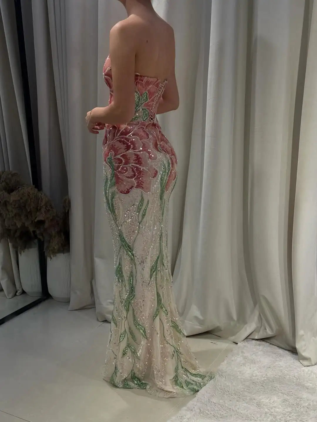 Ofherown Luxury Embroidered Floral Sequin Mermaid Evening Gown Women Strapless Formal Prom Party Dress with Detachable Shawl
