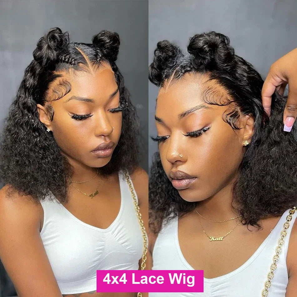 Brazilian 100% Human Deep Curly Bob Hair Wigs Natural Black Color Deep Wave HD Lace Front Part 13x4 Transparent Lace Wigs