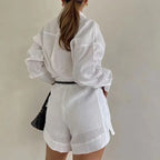 Women Long Sleeve 2 Pieces Sets Casual Simple Button Pockets Short Pant with Shirts Tops 2026 Summer Fashion Suit Female Outfits