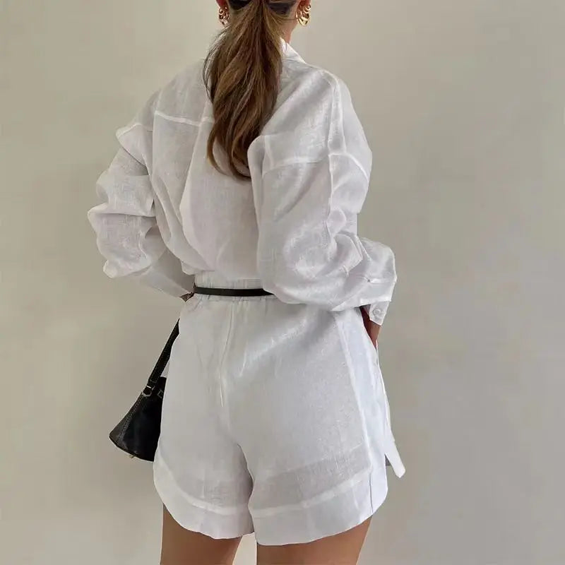 Women Long Sleeve 2 Pieces Sets Casual Simple Button Pockets Short Pant with Shirts Tops 2026 Summer Fashion Suit Female Outfits