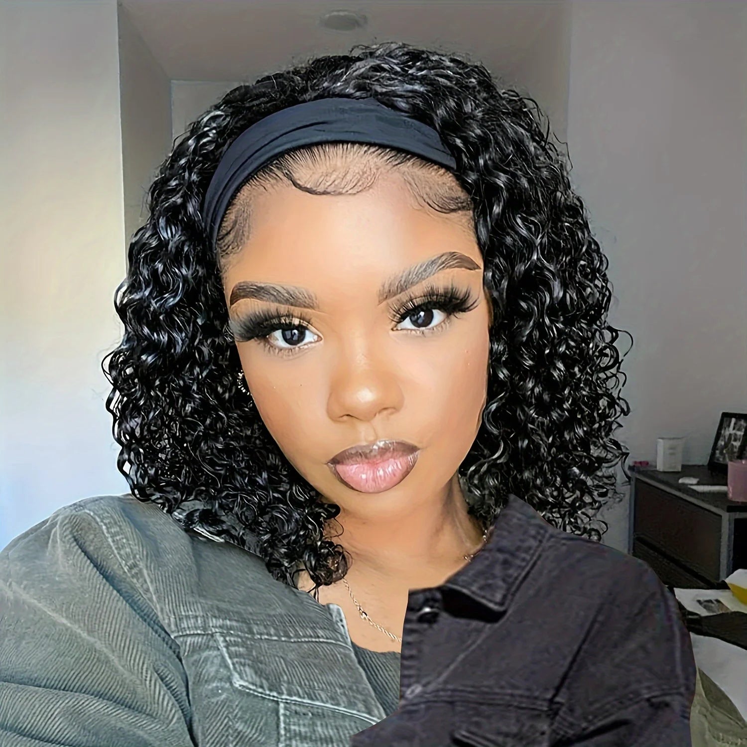 Deep Wave Headband Wig Human Hair Curly Bob Wigs For Women 100% Real Hair Bobo Wigs Full Machine Made Wigs Natural Black Hair Main image