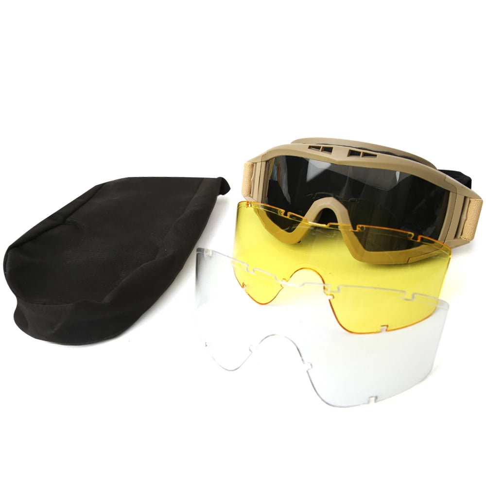 JSJM New Style Tactical Goggles CS Airsoft Windproof Shooting Glasses HD 3 Lens Motocross Motorcycle Mountaineering Safe Glasses