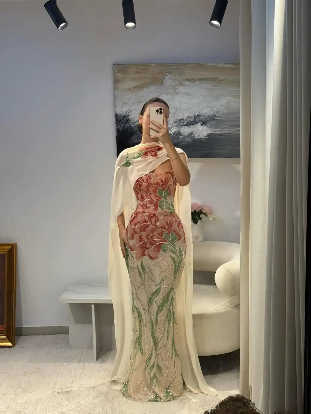 Ofherown Luxury Embroidered Floral Sequin Mermaid Evening Gown Women Strapless Formal Prom Party Dress with Detachable Shawl