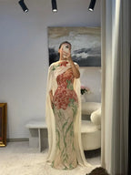 Ofherown Luxury Embroidered Floral Sequin Mermaid Evening Gown Women Strapless Formal Prom Party Dress with Detachable Shawl