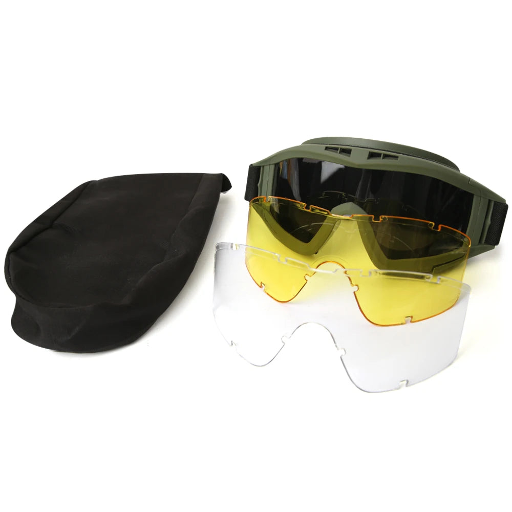 JSJM New Style Tactical Goggles CS Airsoft Windproof Shooting Glasses HD 3 Lens Motocross Motorcycle Mountaineering Safe Glasses