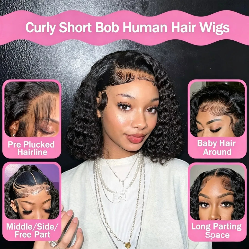 100% Human Hair Deep Curly Bob Wigs Virgin Human Hair 13x4 Lace Frontal Wigs Deep Wave Human Hair 4x4 Lace Wigs Natural Black Color Curly Short Hair Wigs For Women