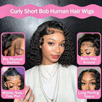 100% Human Hair Deep Curly Bob Wigs Virgin Human Hair 13x4 Lace Frontal Wigs Deep Wave Human Hair 4x4 Lace Wigs Natural Black Color Curly Short Hair Wigs For Women