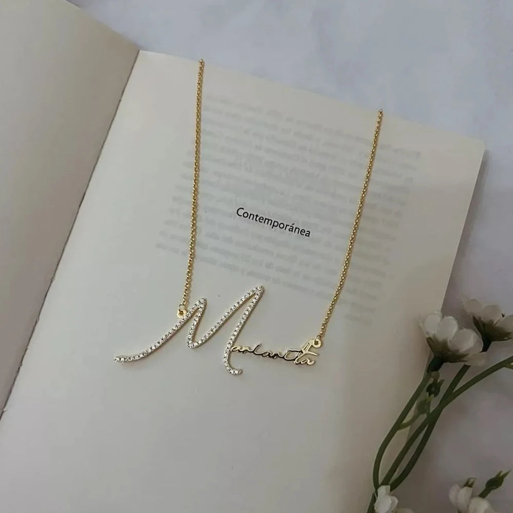 Qitian Personalized Signature Dainty Diamond Name Necklace Stainless Steel Handmade Custom Name Zircon Crystal Jewelry For Women