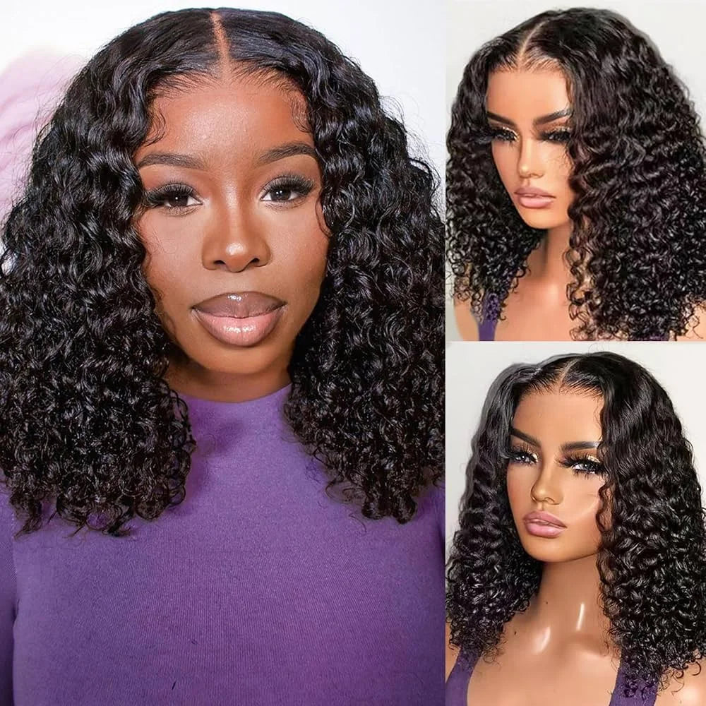 100% Human Hair Deep Curly Bob Wigs Virgin Human Hair 13x4 Lace Frontal Wigs Deep Wave Human Hair 4x4 Lace Wigs Natural Black Color Curly Short Hair Wigs For Women
