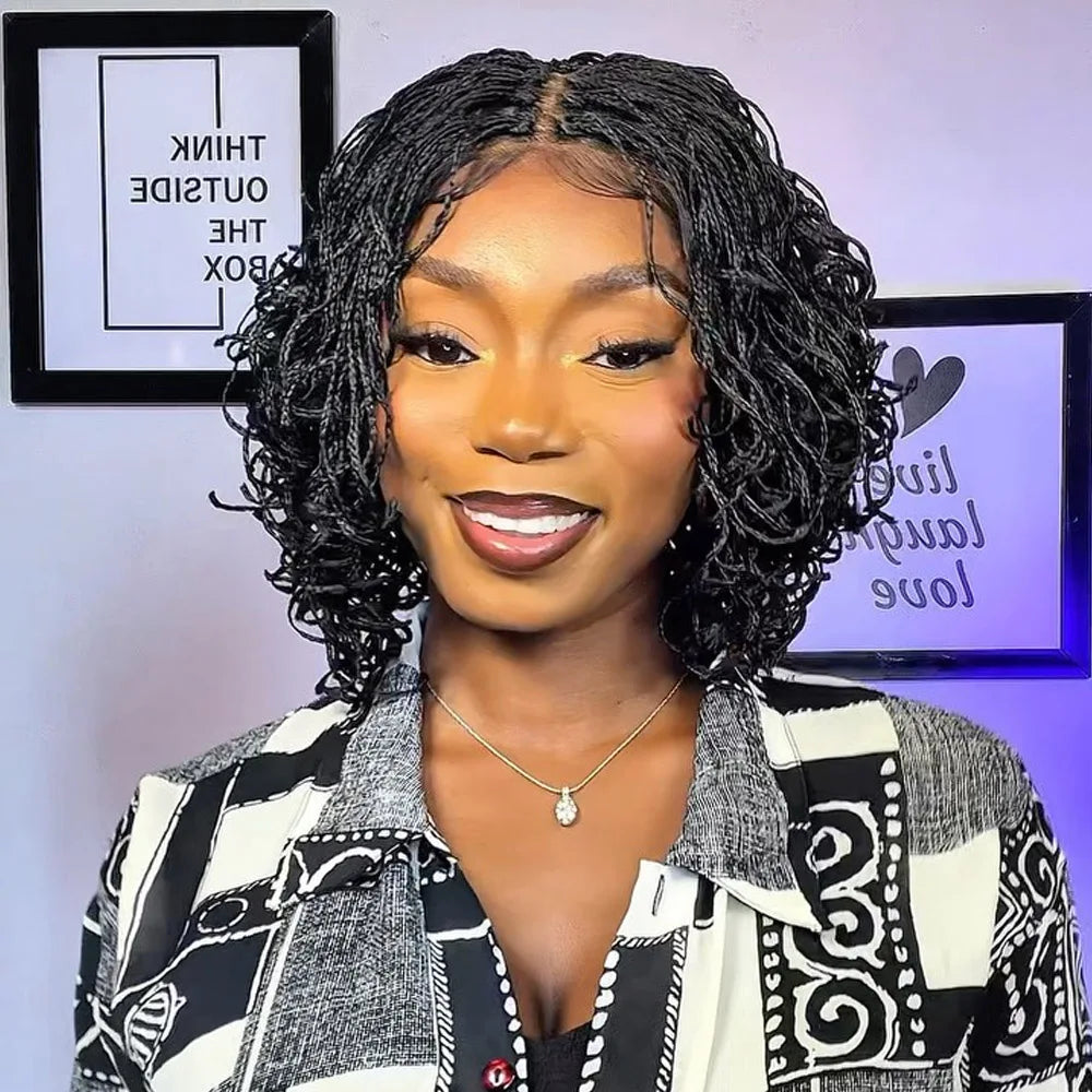 Short Curly Braids Bob Wig For Black Women Double Full Lace Front Curly Micro Box Braided Bob Wig with Baby Hair Pre Plucked Main image