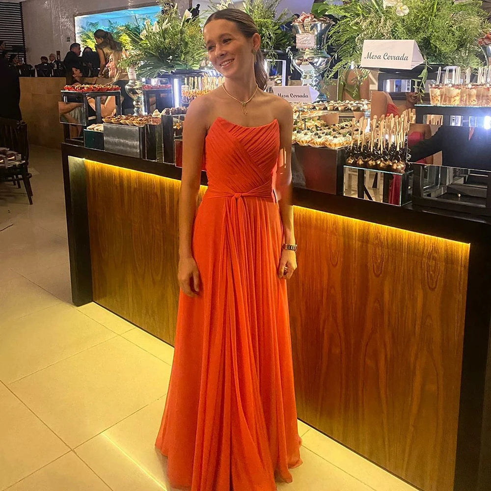 Msikoods Chiffon Orange Prom Dresses 2026 Pleats Strapless Elegant Party Dress Wedding Guest Women's Evening Dresses Customizd Main image