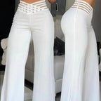 High Waist Solid Color Wide Leg Pants Summer Chic Loose Elegant Metal Flared Pant Office Ladies Straight Holiday Women Trousers