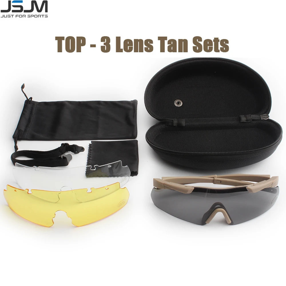 JSJM New Style Tactical Goggles CS Airsoft Windproof Shooting Glasses HD 3 Lens Motocross Motorcycle Mountaineering Safe Glasses