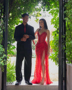 Sansa Customized Red Trumpet Corset Side High Split Prom Dress Pleats Sleeveless Vestidos De Noche Floor-Length Formal Evening
