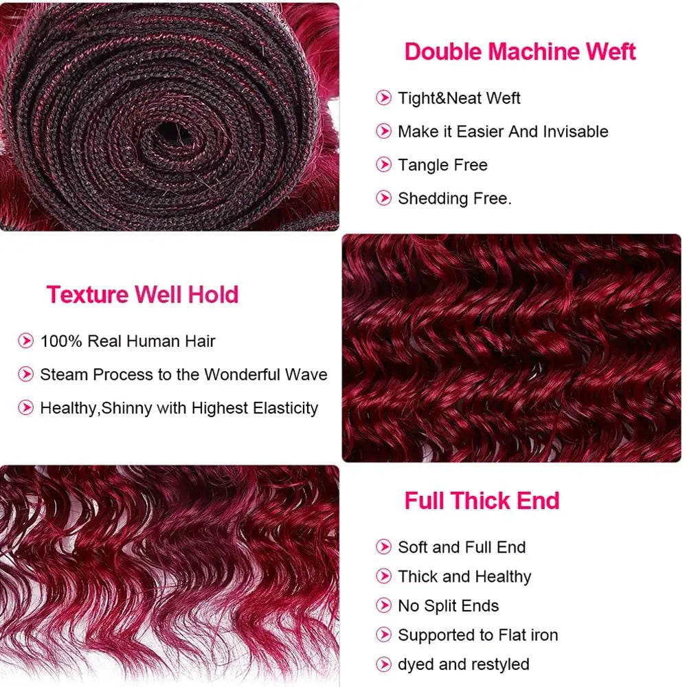 99J Color Burmese Curly Hair Bundles Burgundy 100% Human Hair Bundle Extension Human Hair Weave Tissage  Deep Wave 1/3/4 Bundles