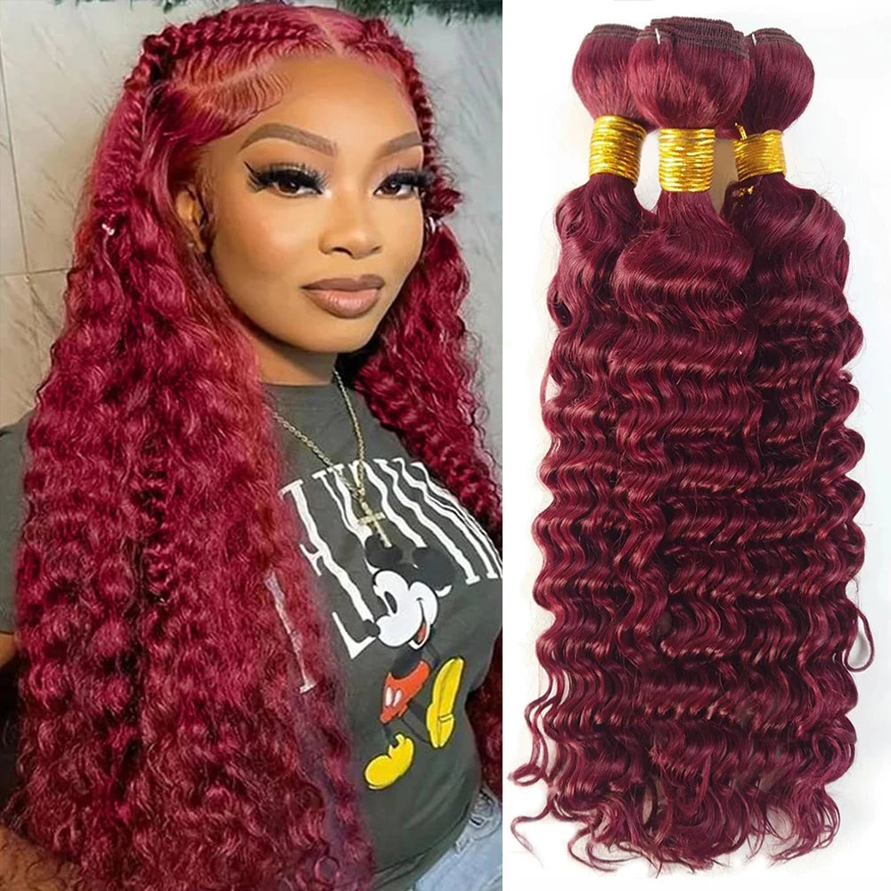 99J Color Burmese Curly Hair Bundles Burgundy 100% Human Hair Bundle Extension Human Hair Weave Tissage  Deep Wave 1/3/4 Bundles
