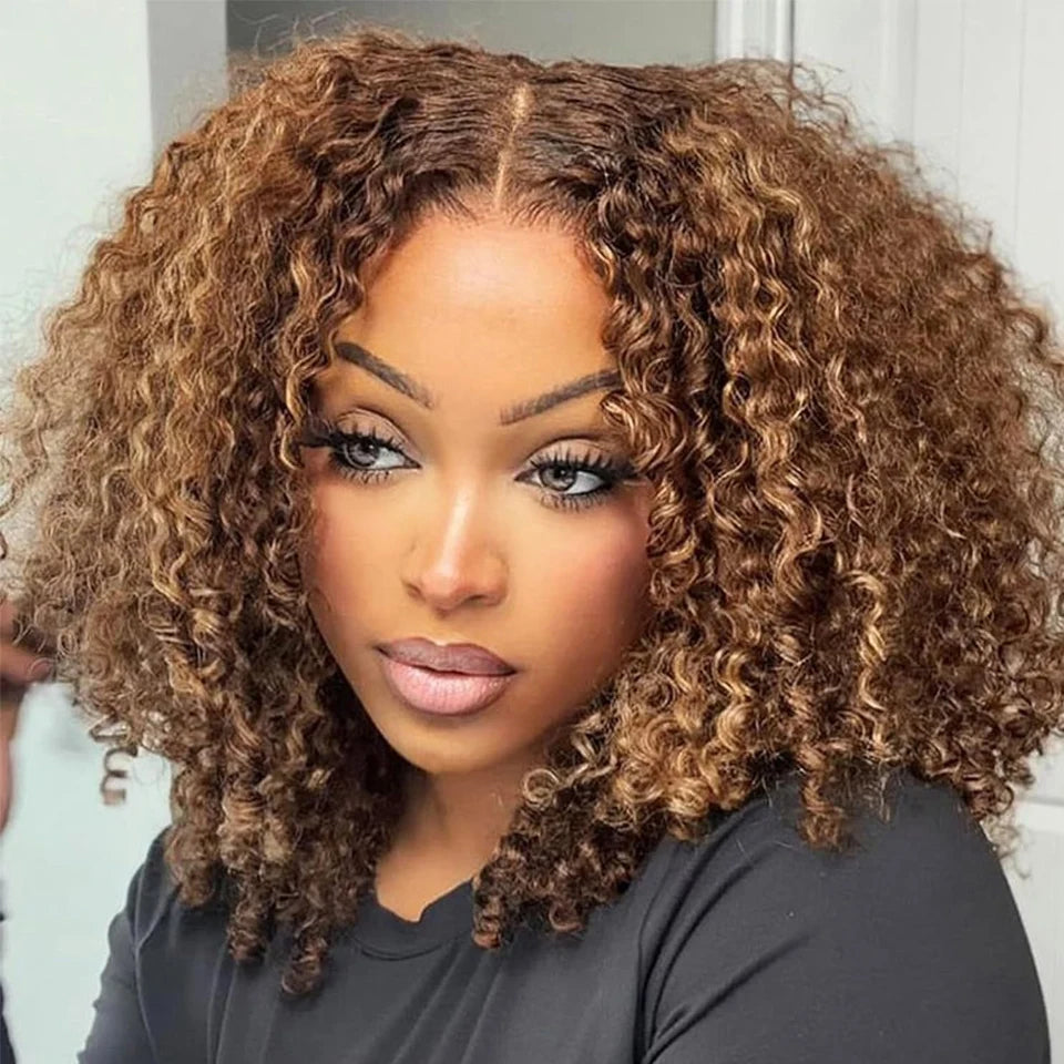 Curly Short Bob Wig Highlight 4/27 Honey Blonde 100% Human Hair 13x4 Lace Front Wig Deep Wave For Women Virgin Human Hair Main image