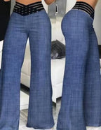 High Waist Solid Color Wide Leg Pants Summer Chic Loose Elegant Metal Flared Pant Office Ladies Straight Holiday Women Trousers