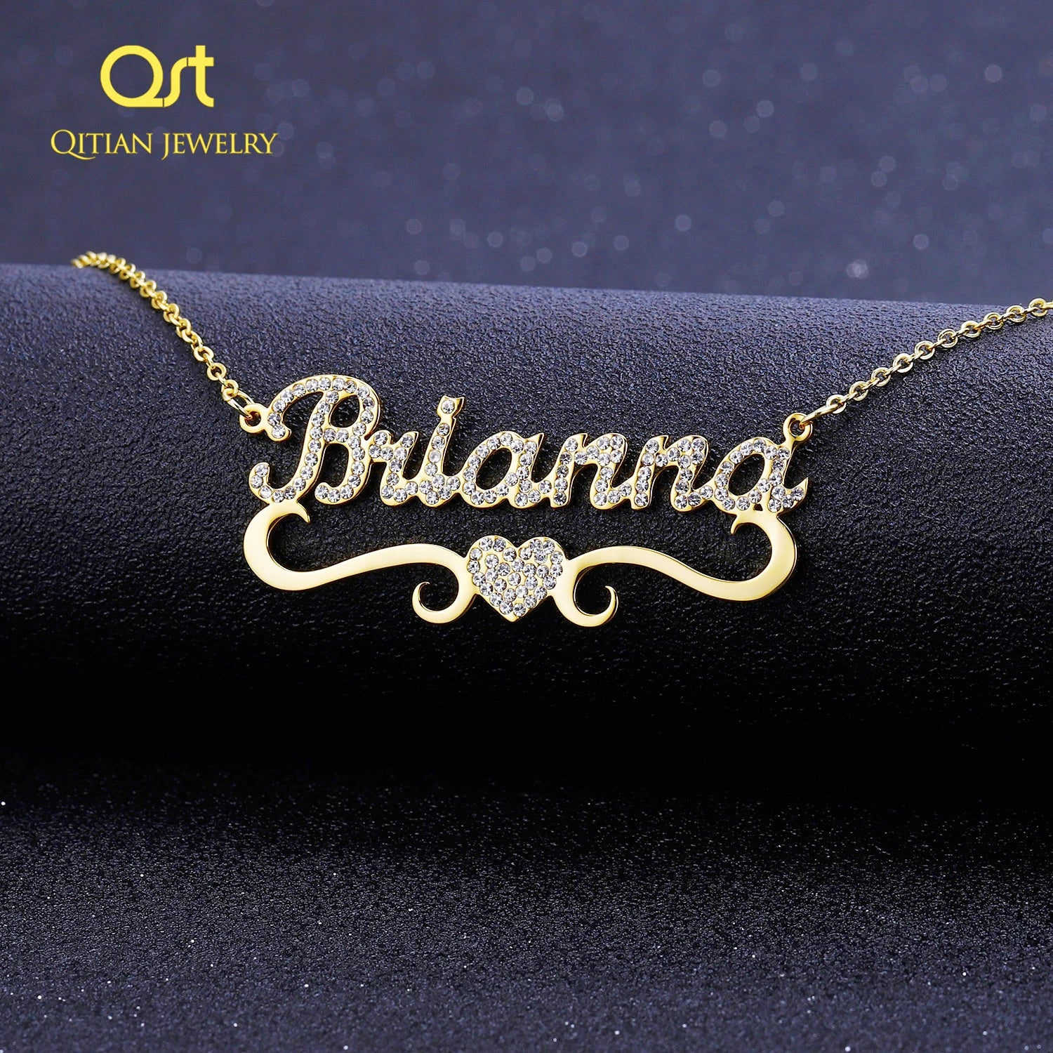 Qitian Personalized Name Necklace With Heart For Women Custom Gold Stainless Steel BlingBling Pendant Custom Iced Out Necklaces Main image