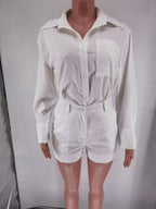 Women Long Sleeve 2 Pieces Sets Casual Simple Button Pockets Short Pant with Shirts Tops 2026 Summer Fashion Suit Female Outfits