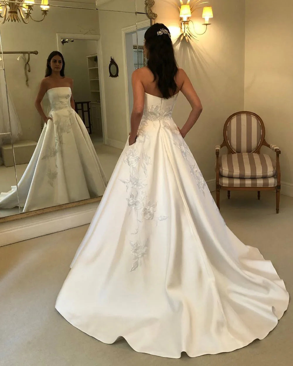 Msikoods Customized Strapless Satin Wedding Dress A Line Floral Embroidery Elegant Bride Gown Pocket Women Simple Bridal Dress Secondary image