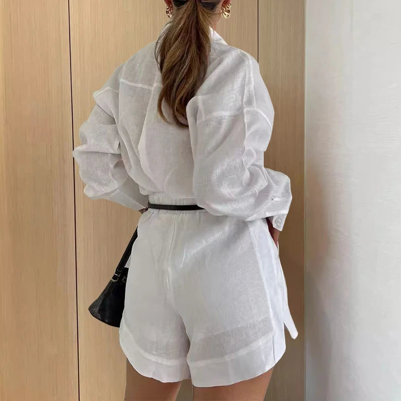 Women Long Sleeve 2 Pieces Sets Casual Simple Button Pockets Short Pant with Shirts Tops 2026 Summer Fashion Suit Female Outfits