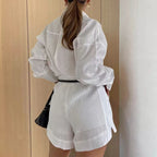 Women Long Sleeve 2 Pieces Sets Casual Simple Button Pockets Short Pant with Shirts Tops 2026 Summer Fashion Suit Female Outfits