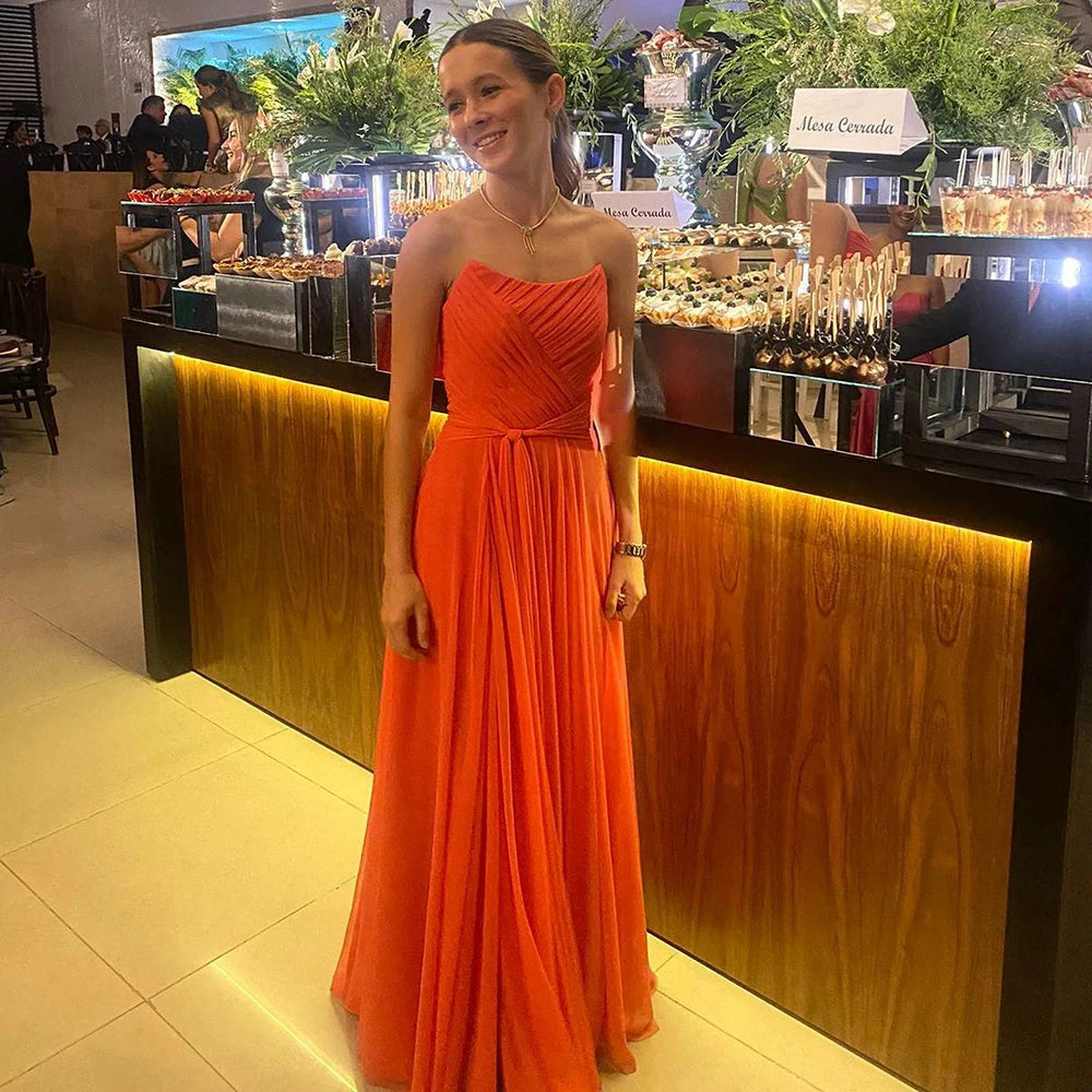 Msikoods Chiffon Orange Prom Dresses 2026 Pleats Strapless Elegant Party Dress Wedding Guest Women's Evening Dresses Customizd