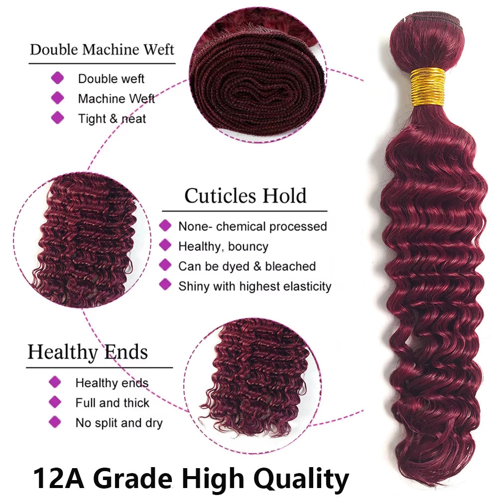 99J Color Burmese Curly Hair Bundles Burgundy 100% Human Hair Bundle Extension Human Hair Weave Tissage  Deep Wave 1/3/4 Bundles