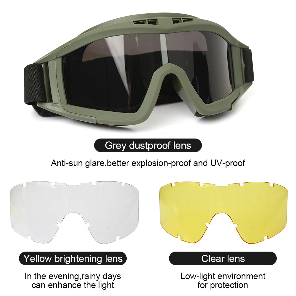 JSJM New Style Tactical Goggles CS Airsoft Windproof Shooting Glasses HD 3 Lens Motocross Motorcycle Mountaineering Safe Glasses