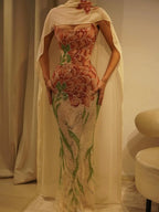 Ofherown Luxury Embroidered Floral Sequin Mermaid Evening Gown Women Strapless Formal Prom Party Dress with Detachable Shawl