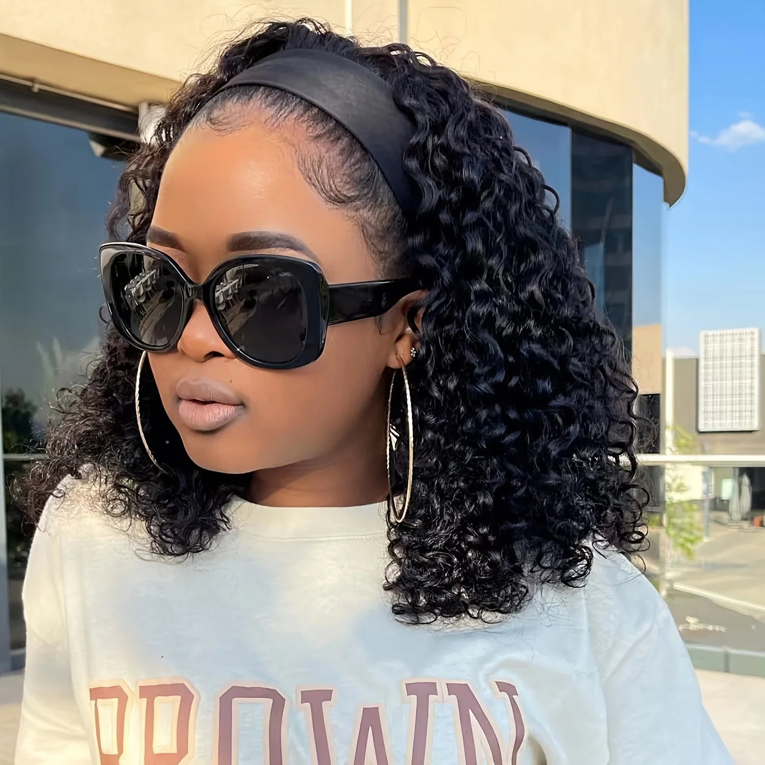 Deep Wave Headband Wig Human Hair Curly Bob Wigs For Women 100% Real Hair Bobo Wigs Full Machine Made Wigs Natural Black Hair Secondary image